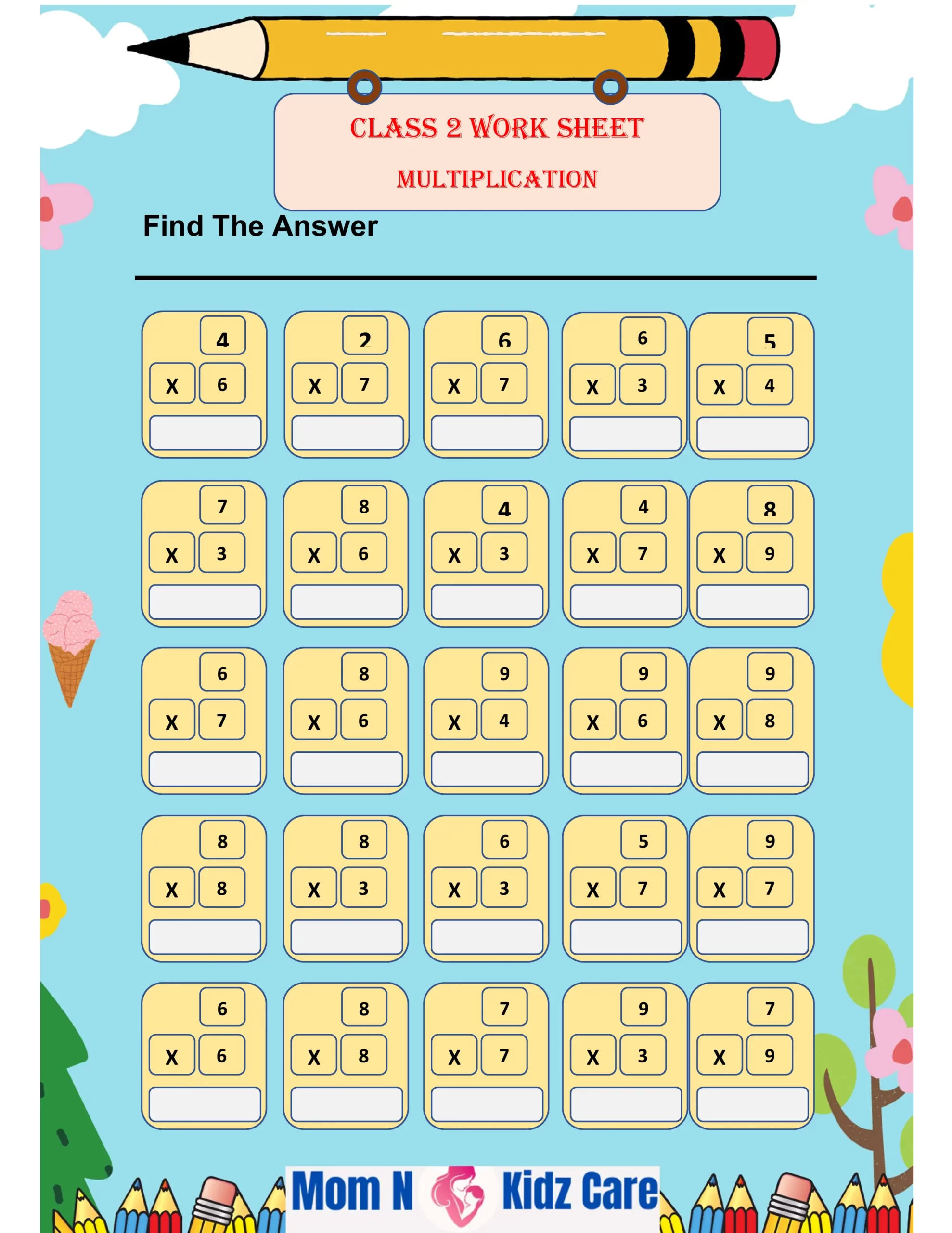 Kids Class 2 Work Sheet-2 for Multiplication of Numbers Download