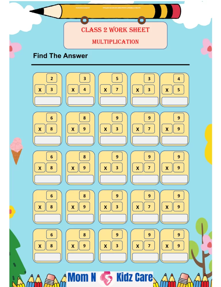 Class 2 worksheet-1 for Multiplication of number problems.