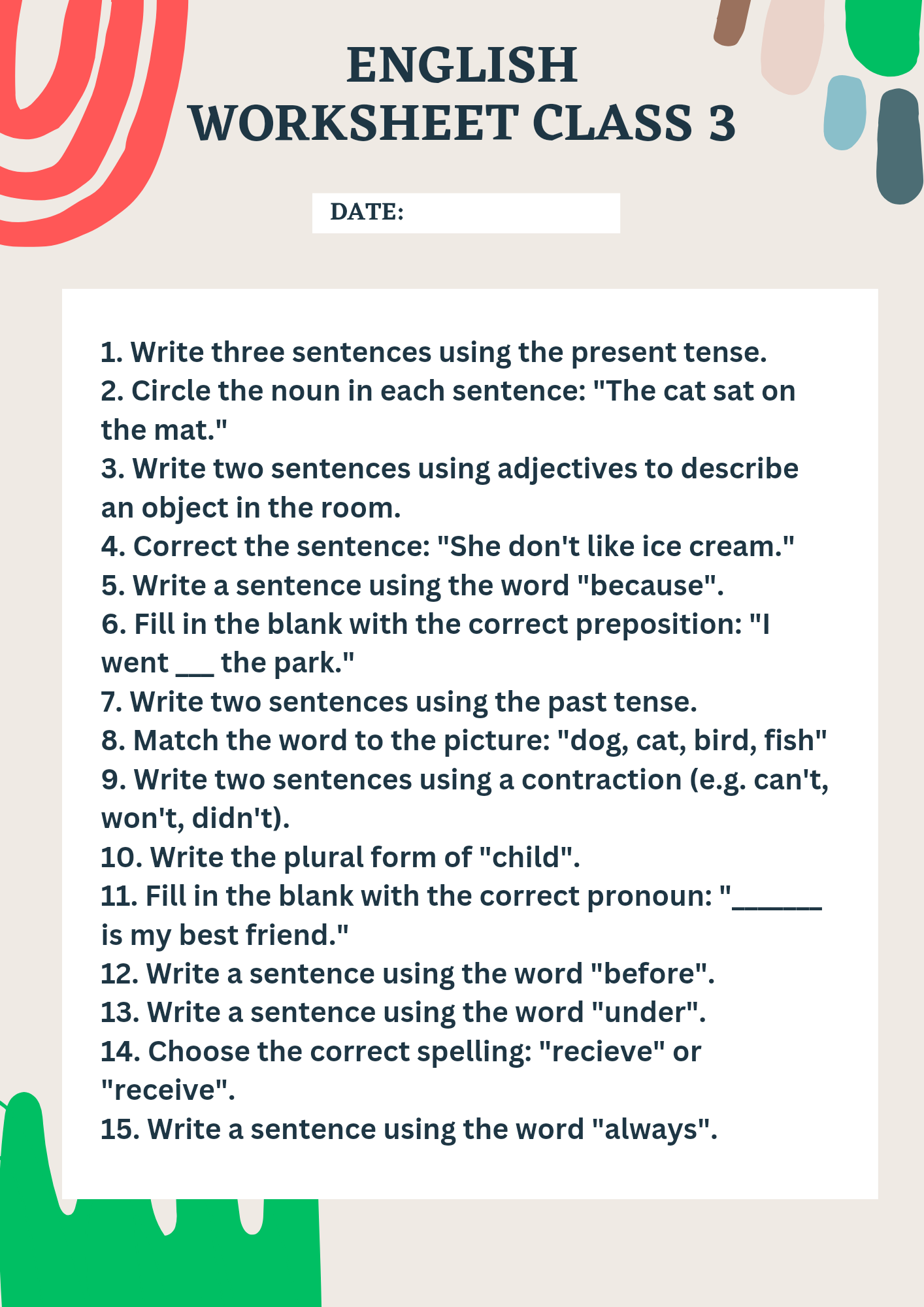 English worksheet for class 3 with answers